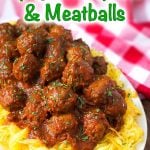 Slow Cooker Spaghetti Squash and Meatballs on a platter