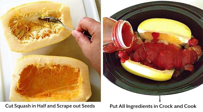 two process images showing spaghetti squash cut in half and deseeded, with other ingredients in a slow cooker