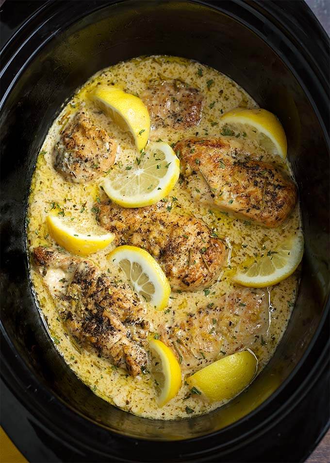 Creamy Lemon Chicken Breasts in a slow cooker