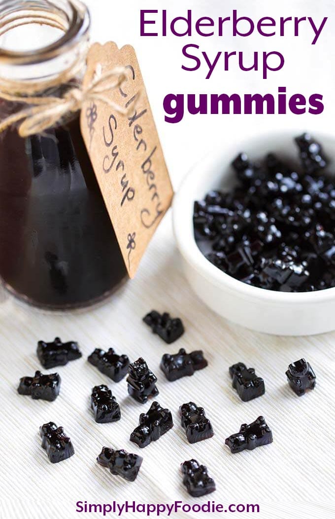 Elderberry Syrup Gummies with the recipe title and Simply Happy Foodie.com logo