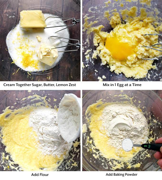 Four process images showing the creaming of the sugar, butter, and lemon zest then the addition of eggs, flour and baking powder