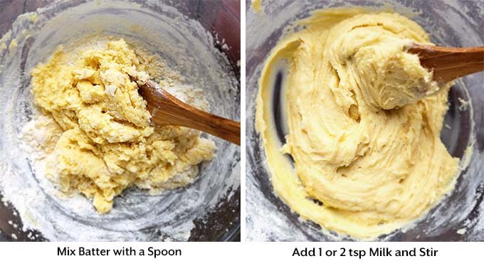 two process images showing the mixing of the batter before adding in milk