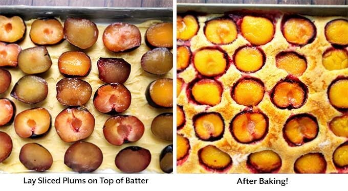 two process images showing sliced plums on the batter, one before and the other after baking