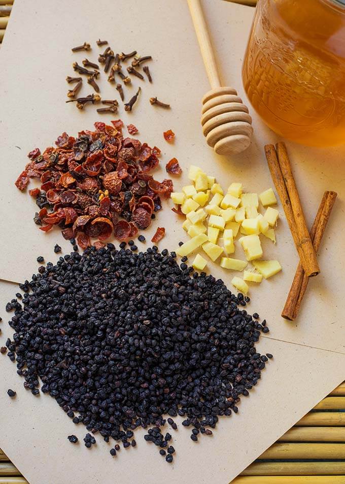 Elderberry Syrup ingredients on a cardboard background