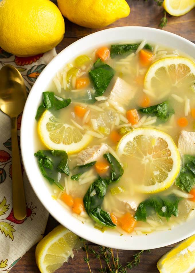 Instant Pot Lemon Chicken Orzo Soup in a white bowl