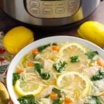 Instant Pot Lemon Chicken Orzo Soup in white bowl