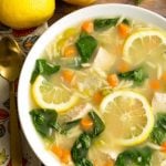 Instant Pot Lemon Chicken Orzo Soup in white bowl