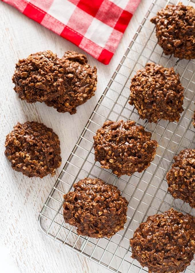 Several Chocolate Peanut Butter No Bake Cookies on a wire cooling rack