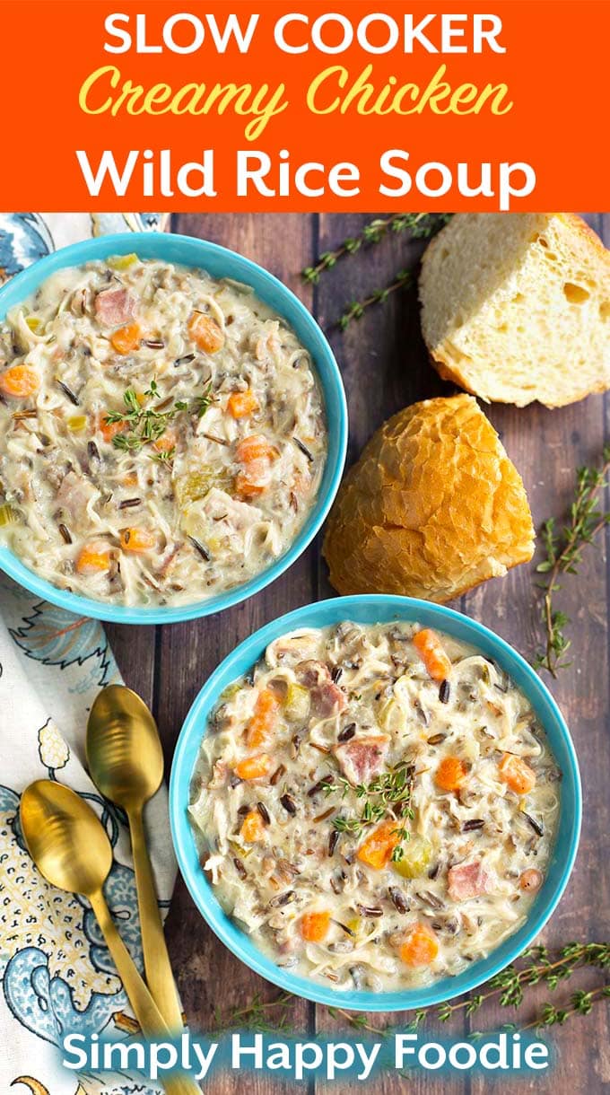 Crock Pot Creamy Chicken Wild Rice Soup is delicious, thick, rich, and easy to make! Slow cooker creamy chicken wild rice soup is a hearty soup that is perfect for a cold day. My family loves this wild rice soup recipe! simplyhappyfoodie.com #wildricesoup #crockpotchickenwildricesoup #slowcookerwildricesoup