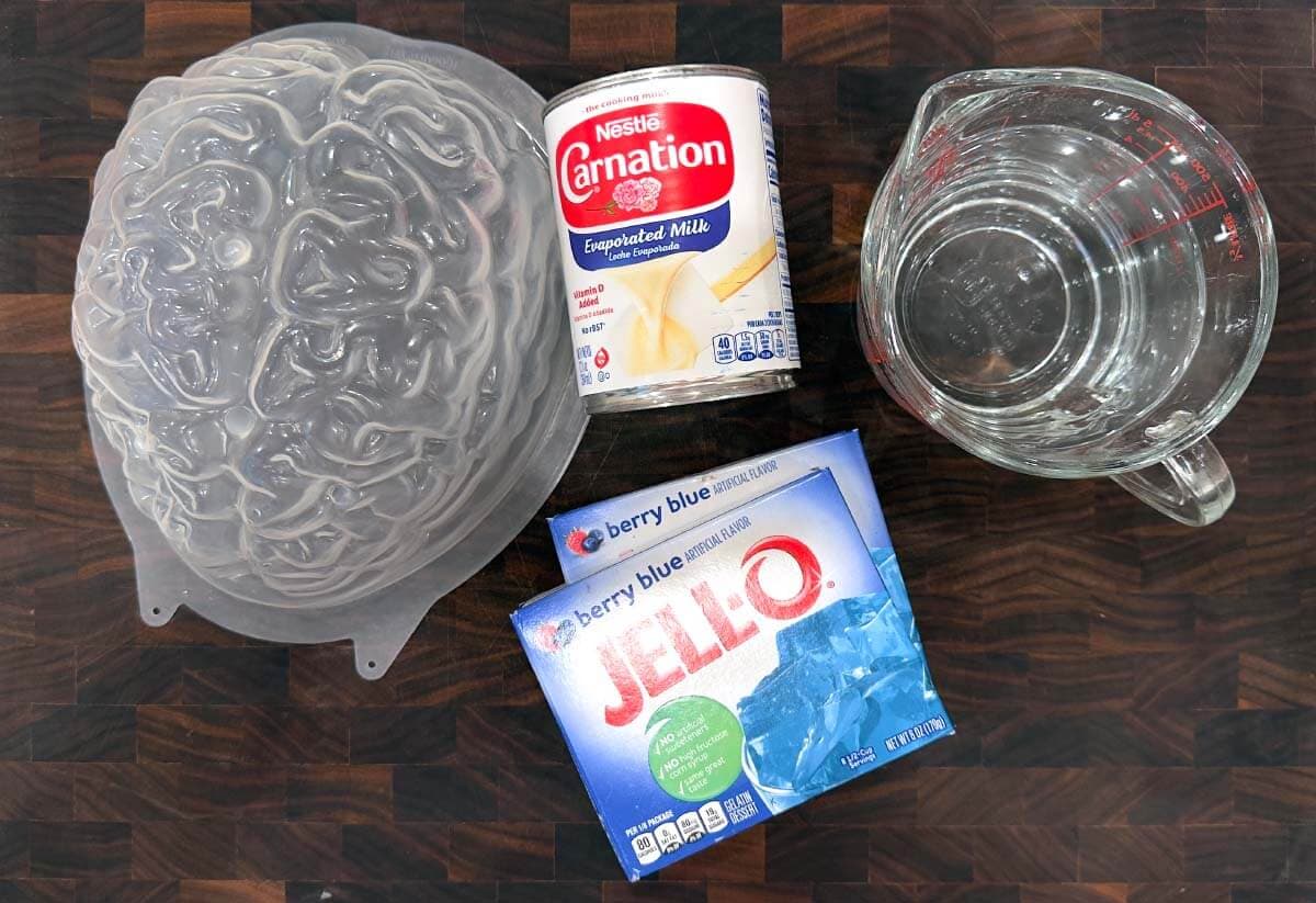 Halloween Jello Brain Recipe ingredients shot on a board