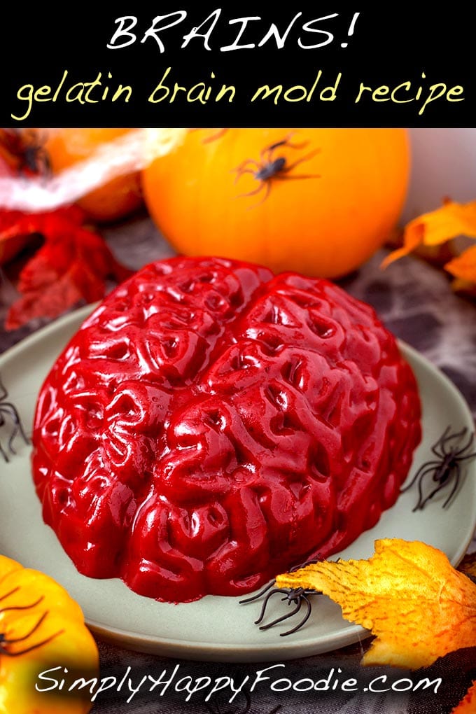 This Halloween Jello Brain Recipe for a brain mold makes a creepy gelatin brain that you can take to a Halloween party, or anywhere a jello brain would be appropriate. The Zombie Apocalypse comes to mind... And Halloween of course! simplyhappyfoodie.com #halloween #gelatinbrain