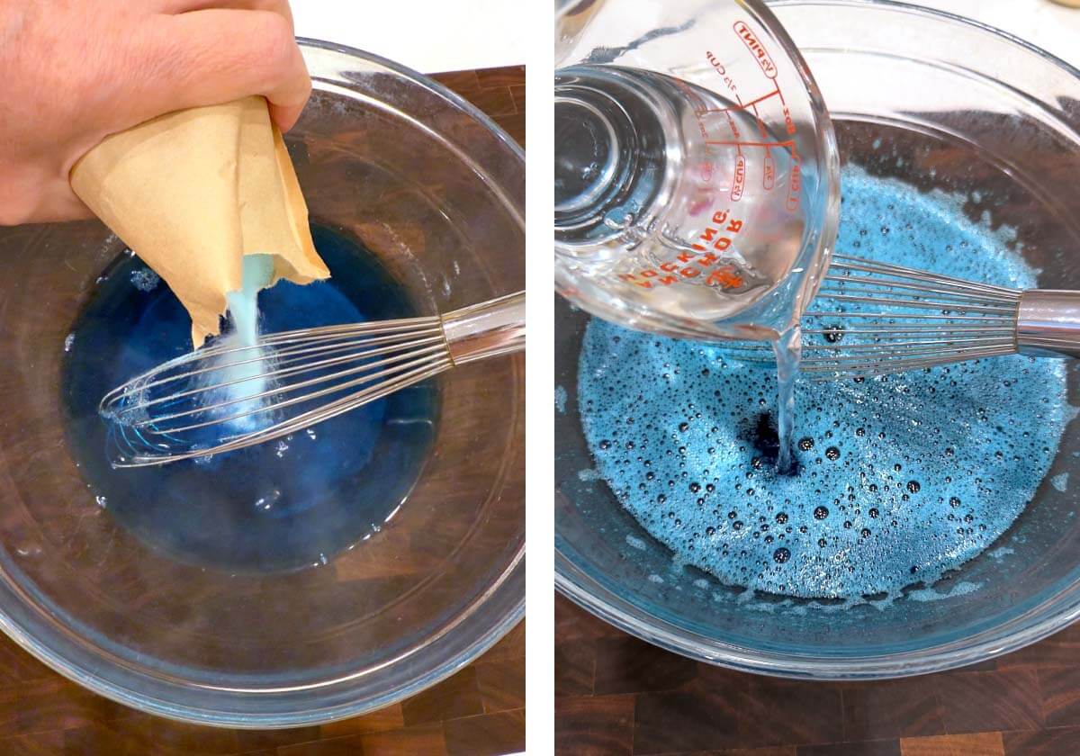 whisking up blue jello. pouring in cold water