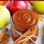 Instant Pot Apple Butter in a jar with twine ribbon.