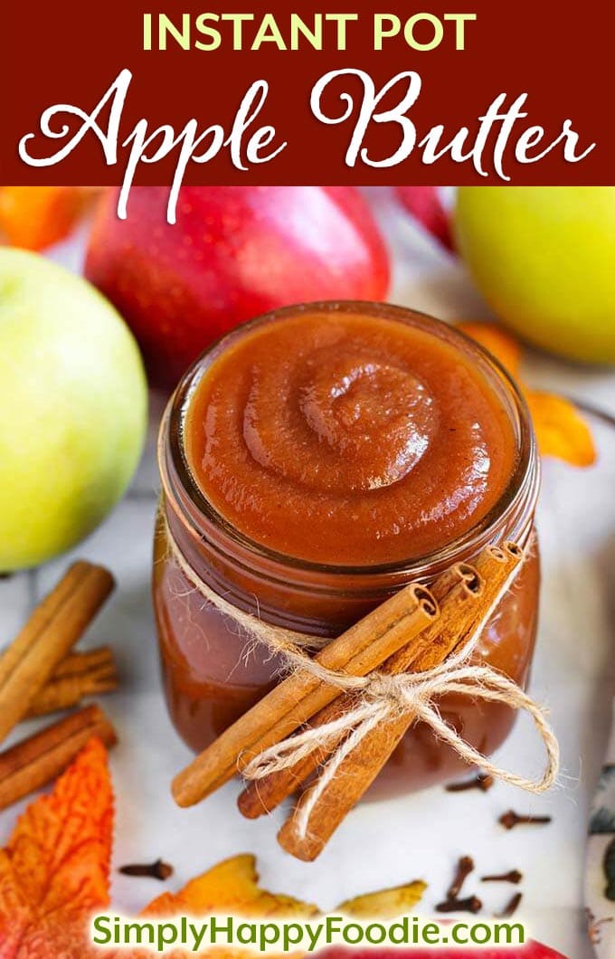 Instant Pot Apple Butter is absolutely divine! This recipe is everything good about Fall, in one sweetly spiced condiment! Pressure Cooker Apple Butter is easy to make in your Instant Pot, and the results are a smooth, velvety, sweet spread that is delicious on toast, muffins, pancakes, yogurt, ice cream, and by the spoonful! Instant Pot Recipes by simplyhappyfoodie.com #instantpotapplebutter #pressurecookerapplebutter