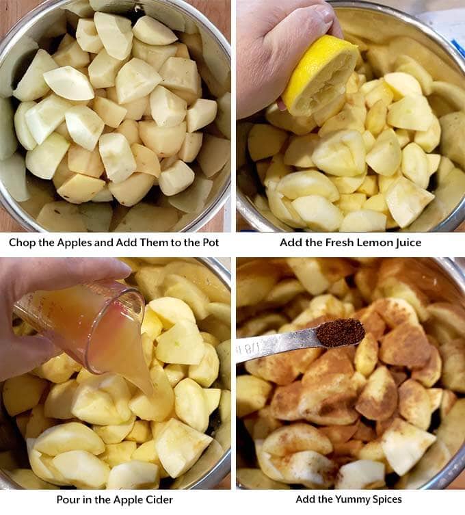 Four process images showing chopped apples added to the pressure cooker pot, as well as the addition of fresh lemon juice, apple cider, and spice