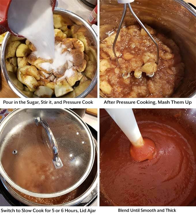 Four process images showing the addition of the sugar, mashing after pressure cooking, slow cooking, and blending until smooth