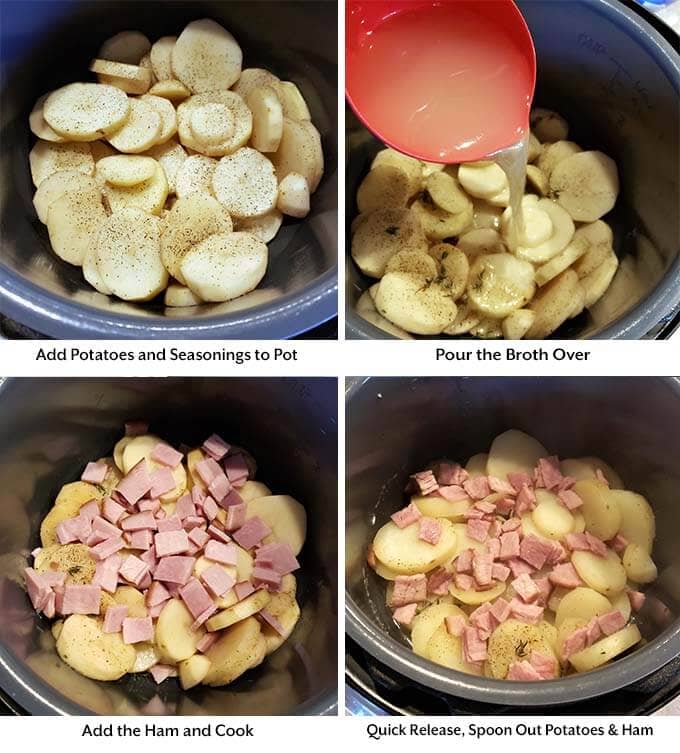 Four image process picture showing the addition to the sliced potatoes, seasoning, broth, and ham to the pressure cooker