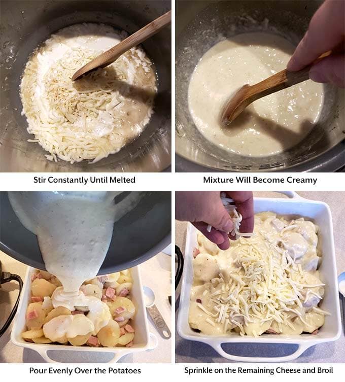 Four images showing a spoon mixing pressure cooker mixture and pouring it on to the potatoes in the square white baking dish topping with the remaining cheese