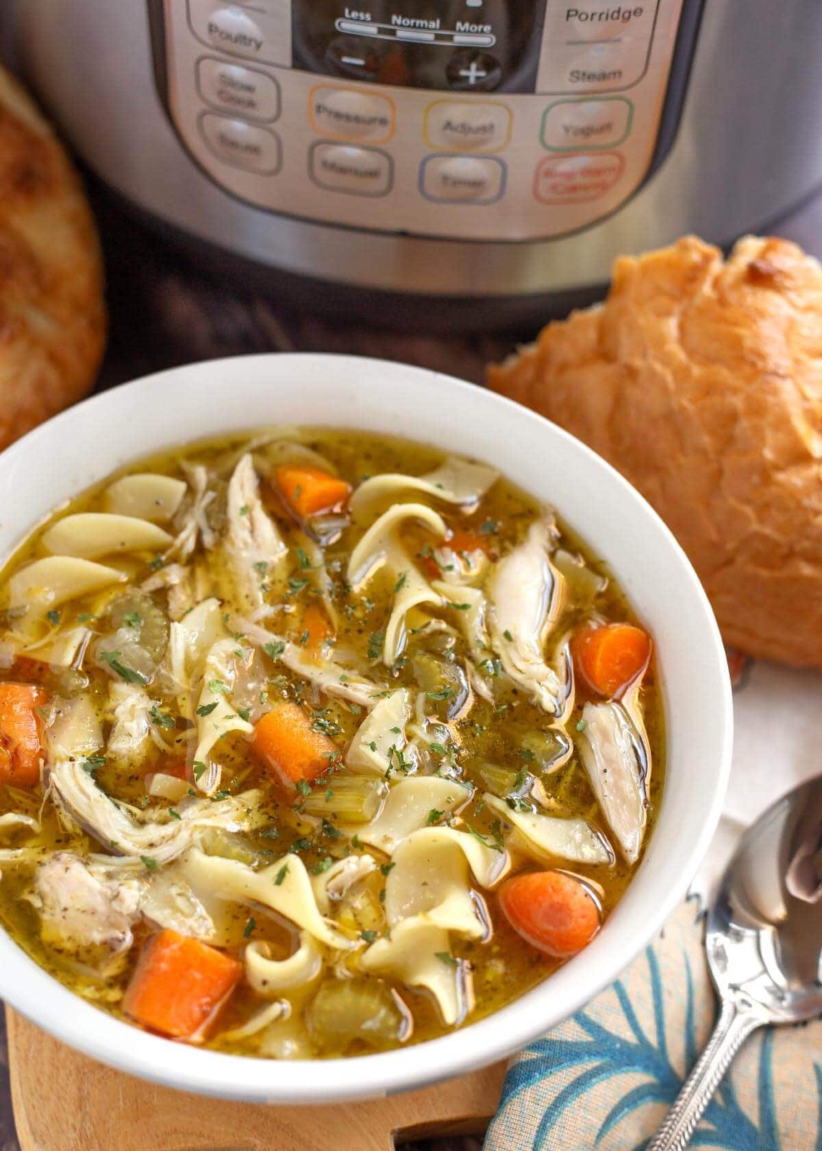 Chicken Noodle Soup in a white bowl.