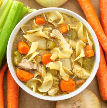 Instant Pot Chicken Noodle Soup in white bowl.