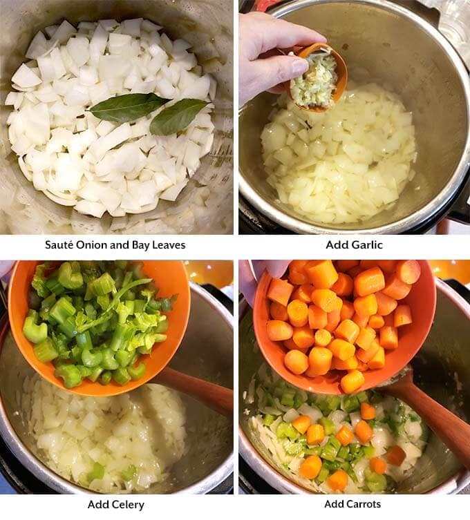 Four process images showing sauteing oinons, adding garlic, and vegetables into a pressure cooker pot