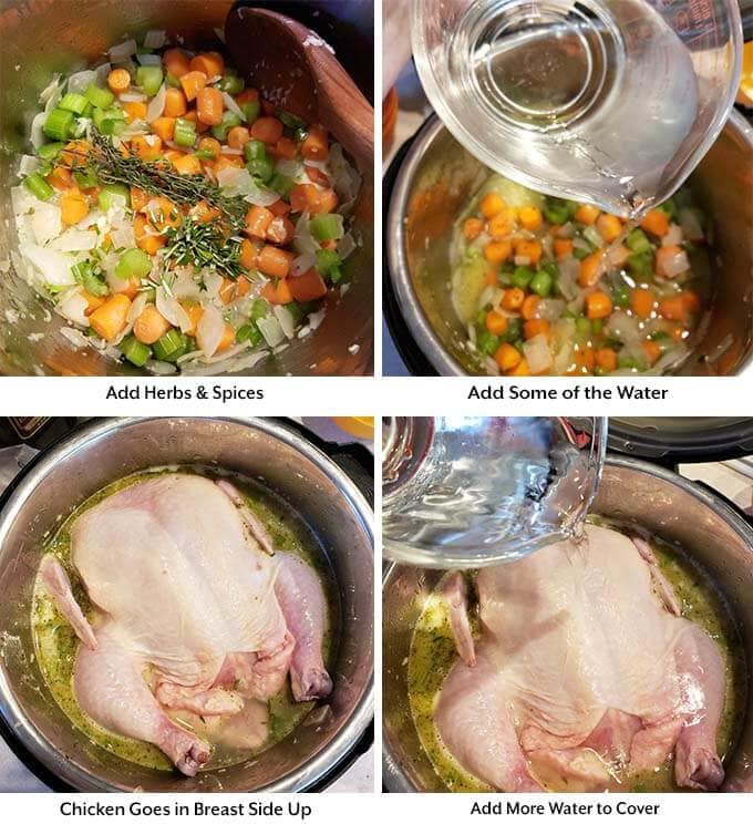 Four process images showing the addition of spices, water, and chicken into a pressure cooker pot