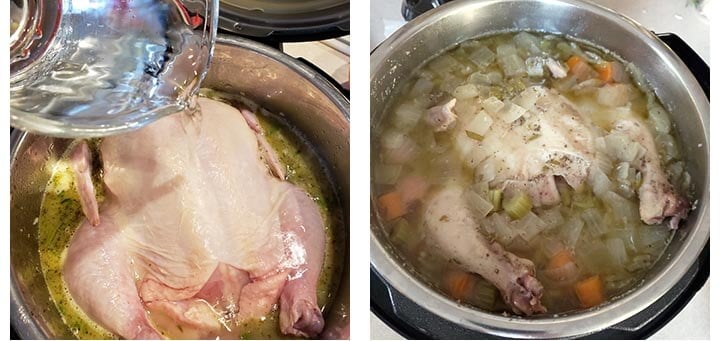 chicken in pot with water added, cooked soup.