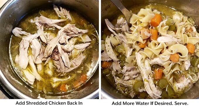 Two process images showing the addition of chicken and water into the pressure cooker