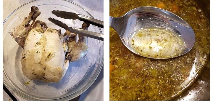 chicken in a bowl, spooning fat off soup.