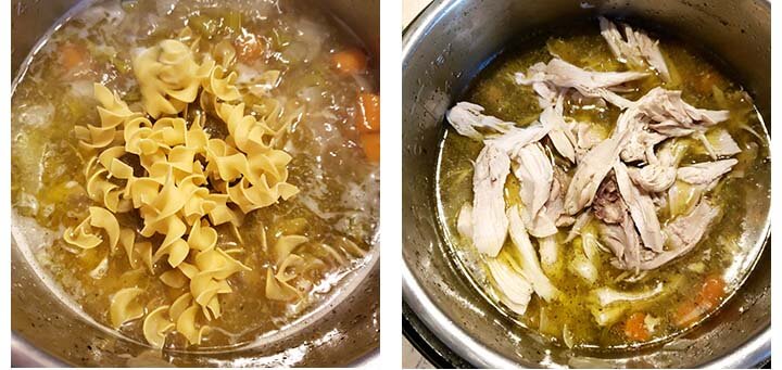 noodles in soup, chicken added to soup.