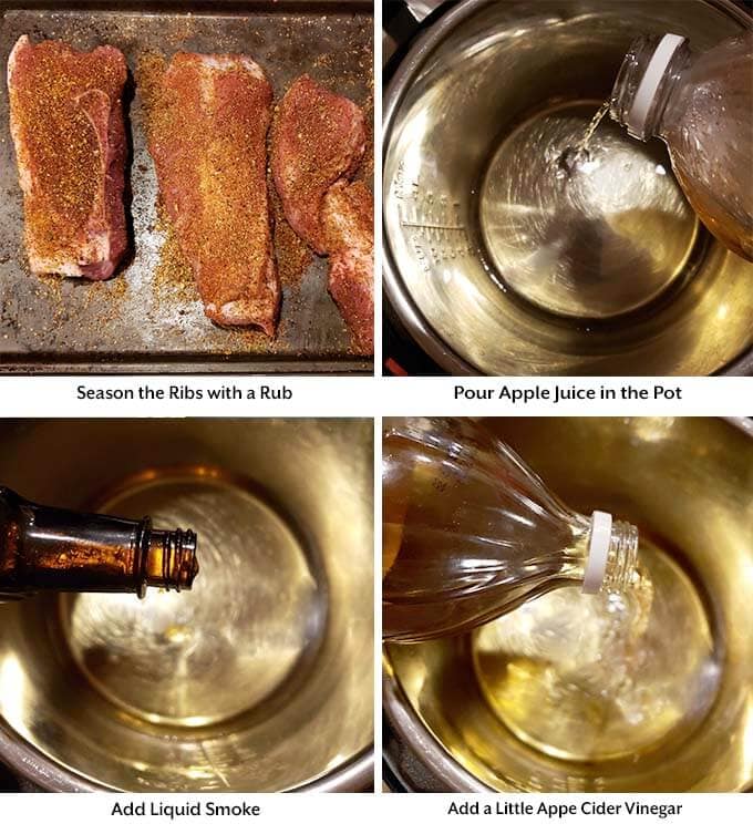 Four process images showing the seasoning of the ribs, pouring the apple juice, liquid smoke, and apple cider vinegar into the pressure cooker pot