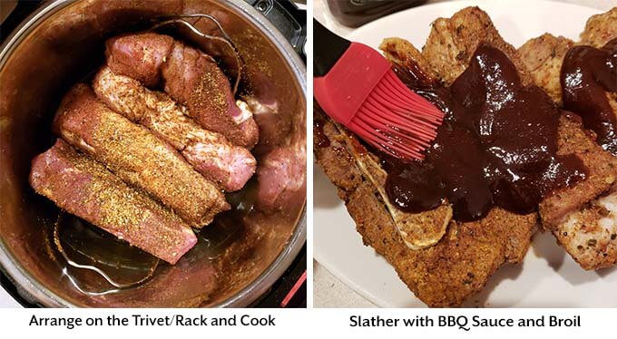 Two process images showing the placement of the ribs on a trivet in the pressure cooker, then slathering barbecue sauce on them