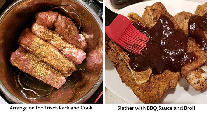 wo process images showing the placement of the ribs on a trivet in the pressure cooker, then slathering barbecue sauce on them