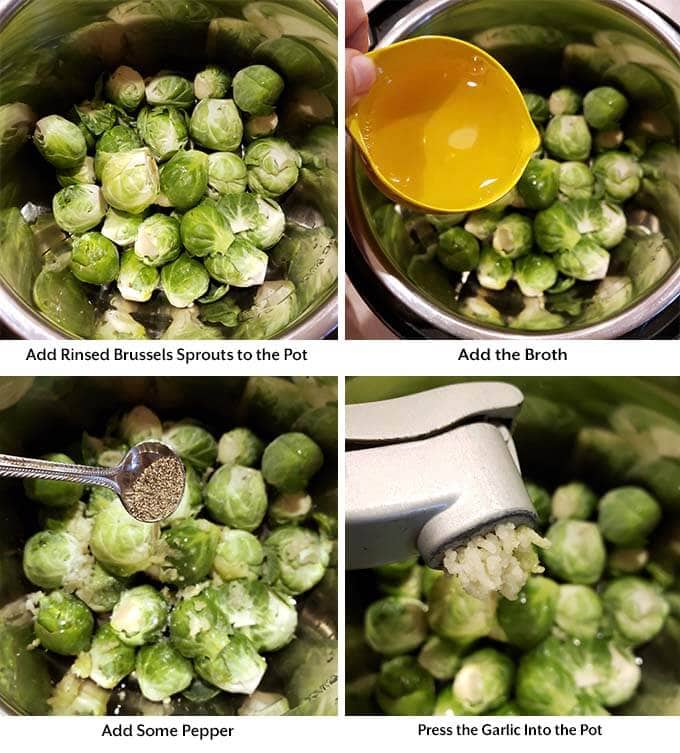 four process images showing the addition of the rinsed Brussels sprouts, broth, pepper, and garlic in to a pressure cooker pot