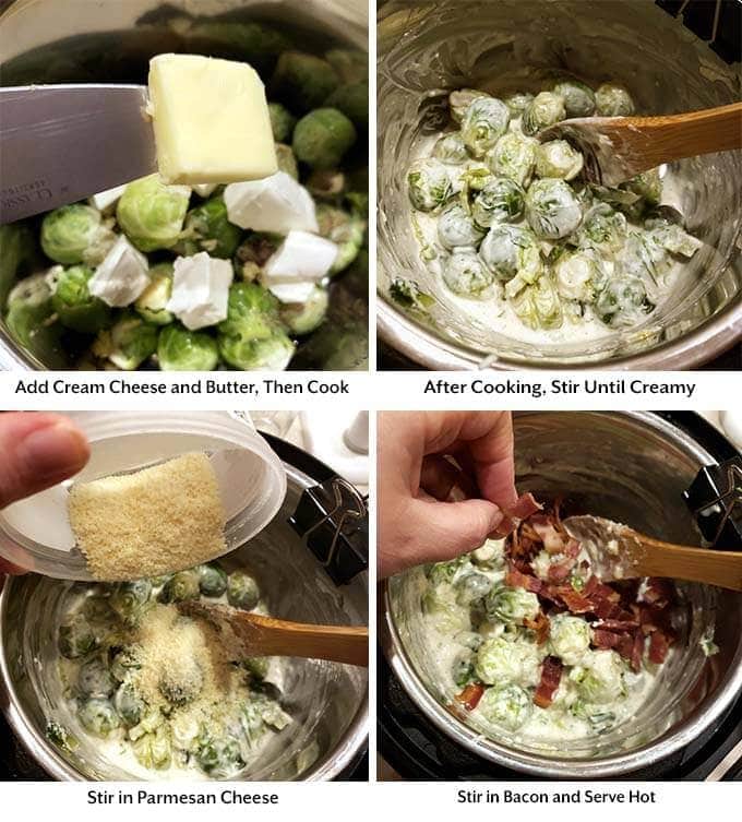 Four process images showing the addition of cream cheese and butter into the pressure pot before cooking and adding Parmesan cheese and bacon into the pressure cooker pot