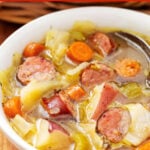 instant pot kielbasa soup in white bowl