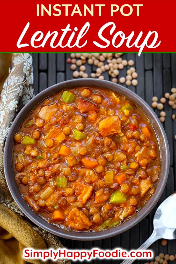 Instant Pot Lentil Soup is a rich, healthy, delicious medley of brown lentils, carrots, spices, and bacon. Can easily be a vegetarian lentil soup. This pressure cooker lentil soup is hearty without being heavy. A popular Instant Pot soup recipe. Instant Pot recipes by simplyhappyfoodie.com #instantpotlentilsoup #pressurecookerlentilsoup