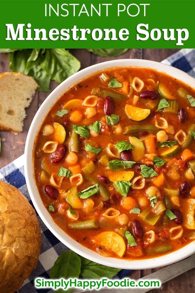 Instant Pot Minestrone Soup is a classic Italian soup loaded with vegetables, beans, pasta, and lots of flavor! When you make this healthy pressure cooker minestrone soup, use the veggies you have! This is a versatile and delicious Instant Pot soup recipe! Instant Pot Recipes by simplyhappyfoodie.com #instantpotminestrone #instantpotsoup #pressurecookerminestronesoup #pressurecookersouprecipe