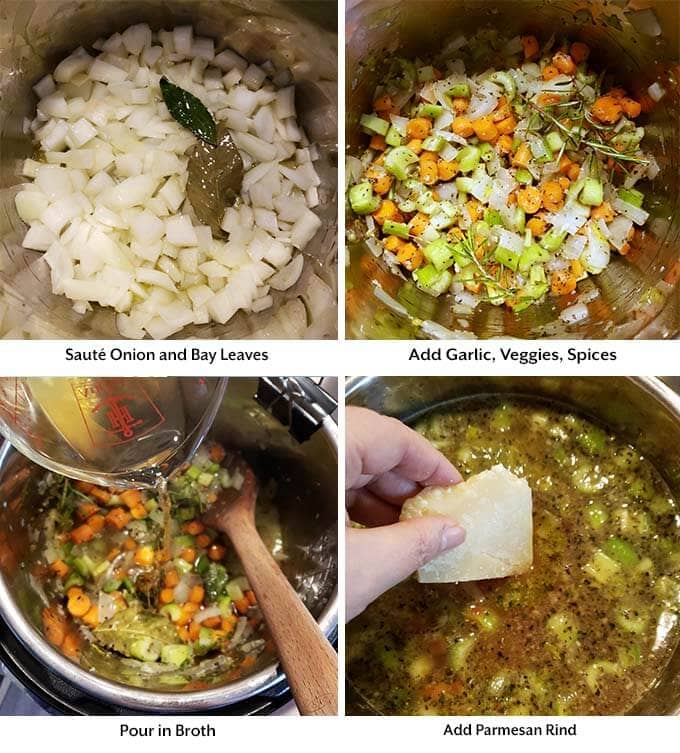 Four process images showing the sauteing of onion, adding of garlic, veggies, spices, broth, and parmesan rind to a pressure cooker pot