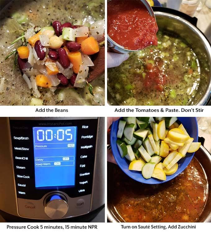 Four process images showing the addition of beans, tomatoes, and paste, zucchini, and setting the cook time on the pressure cooker