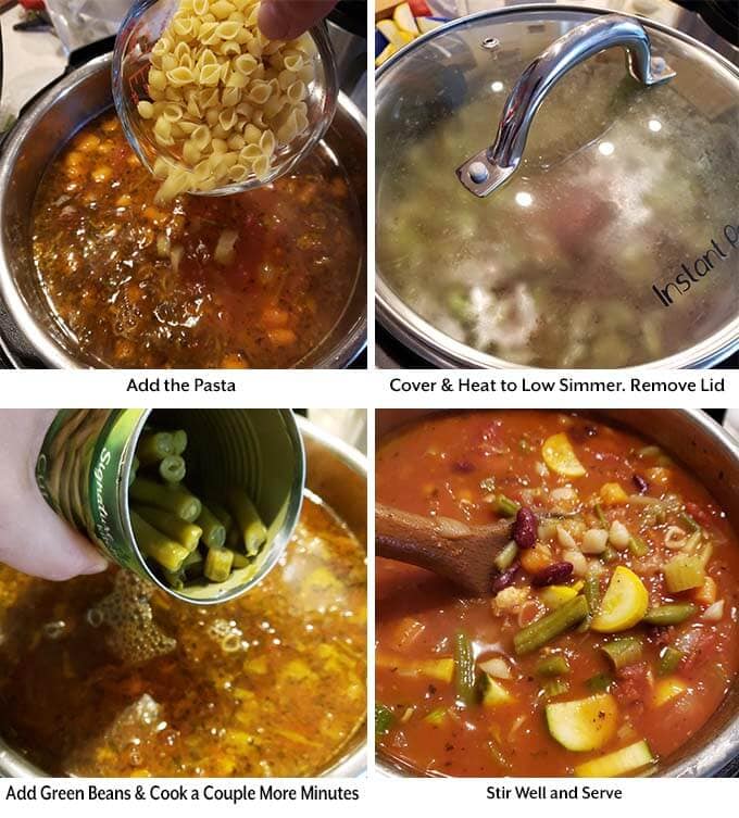 Four process images showing the addition of pasta, covering of pressure cooker, then the addition of beans