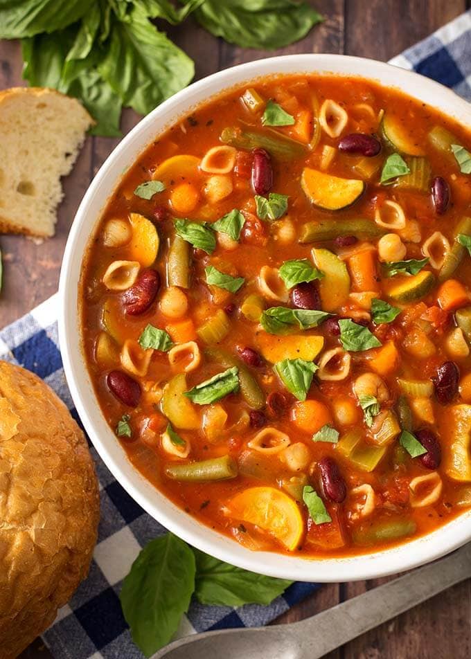 Top view of Minestrone Soup in a white bowl