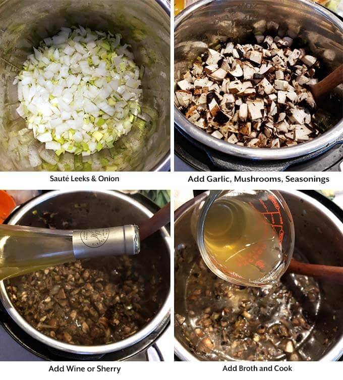 Four images showing the process of sauteing leeks and onions, then and adding the garlic, mushrooms, and seasoings before adding the whie and then adding the broth to make Mushroom Soup