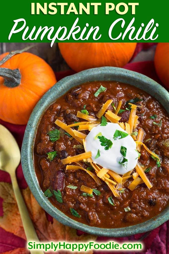 Instant Pot Pumpkin Chili is a delicious Fall comfort food. A hearty chili that isn't too heavy, with the addition of creamy, healthy pumpkin puree. Pressure cooker pumpkin chili is very flavorful and so satisfying! simplyhappyfoodie.com #instantpotrecipes #instantpotpumpkinchili #instantpotchili #pressurecookerchili