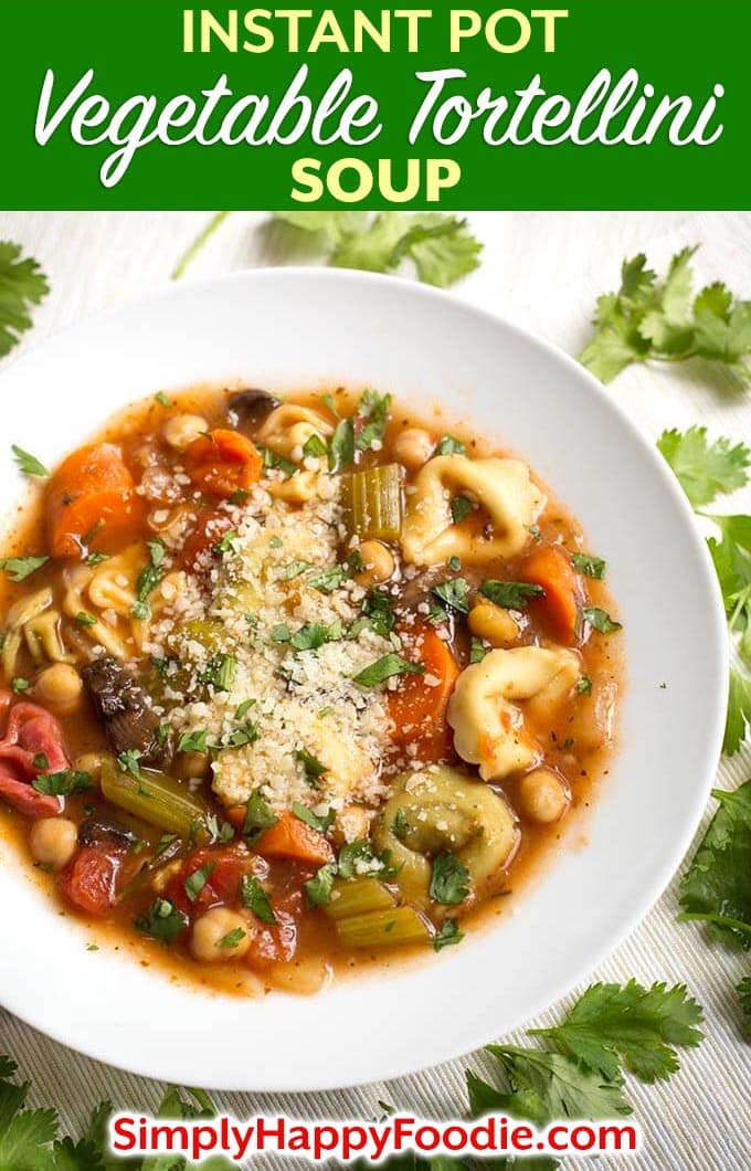 Vegetable Tortellini Soup in a white bowl