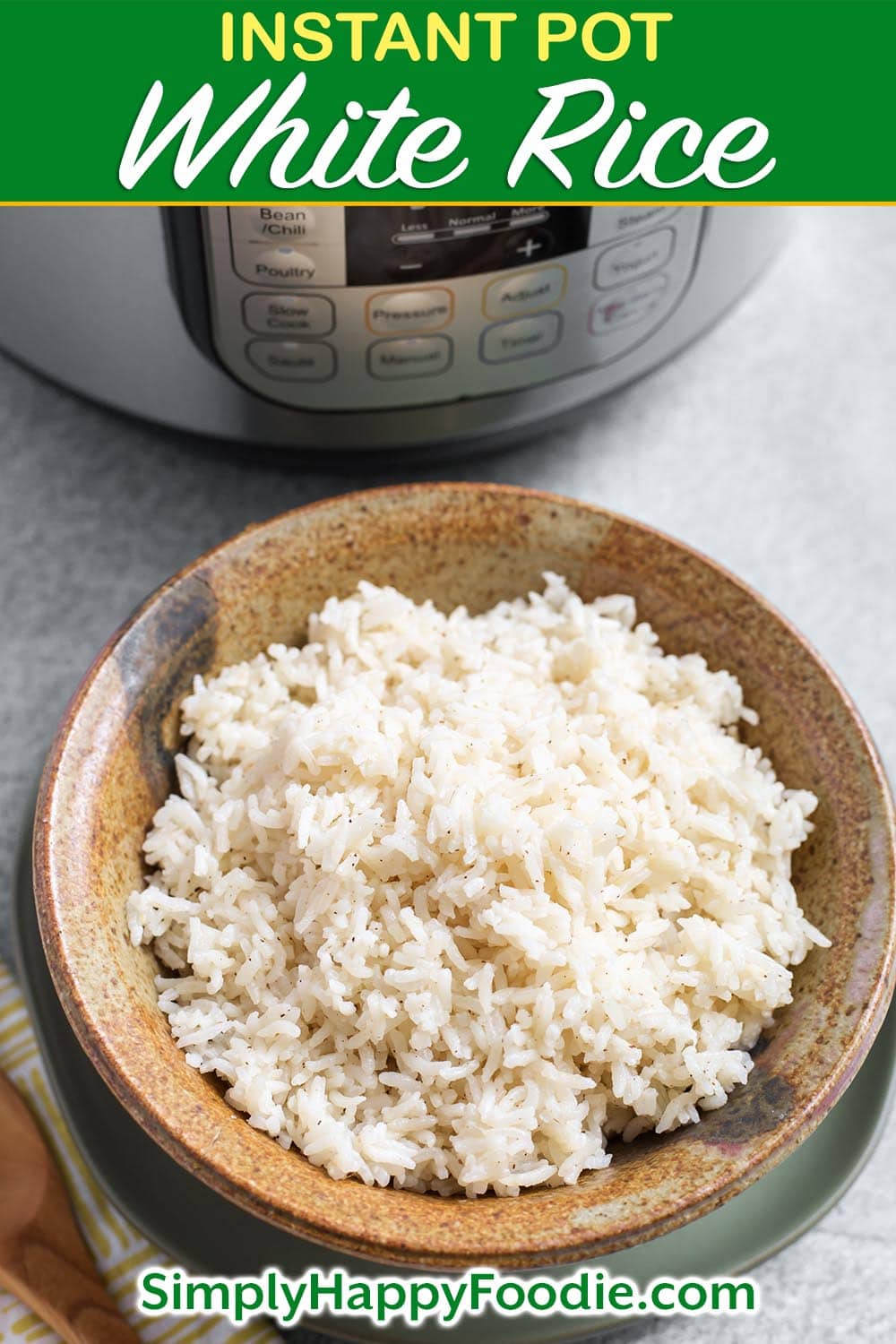 Instant Pot White Rice is an easy way to cook a pot of long grain white rice. You can control how done it gets, and this method of making rice is fairly hands-off. Pressure cooker rice is a good base for other recipes, so you can make a big batch to have on hand! Easy Instant Pot recipes by simplyhappyfoodie.com #instantpotrice #instantpotwhiterice