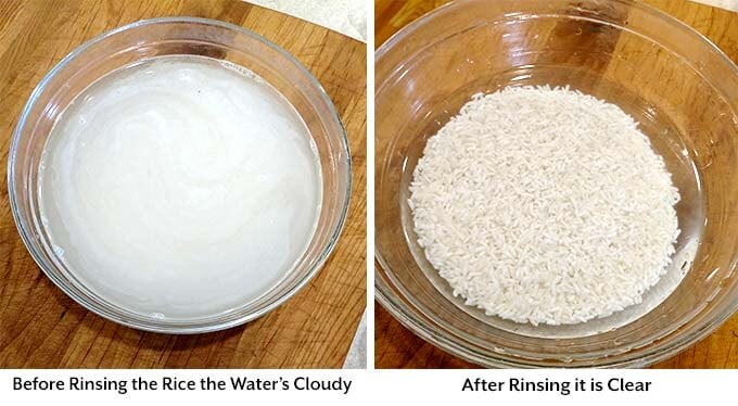 Two process images showing the rinsing of rice in a glass bowl and the rice after it is rinsed