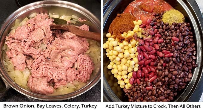 two process images showing the combining of the onion, adding bay leaves, celery, and turkey in a metal mixing bowl, then adding everything into the slow cooker