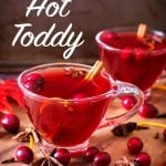 Spiced Cranberry Hot Toddy in clear glass cup with berries around it.