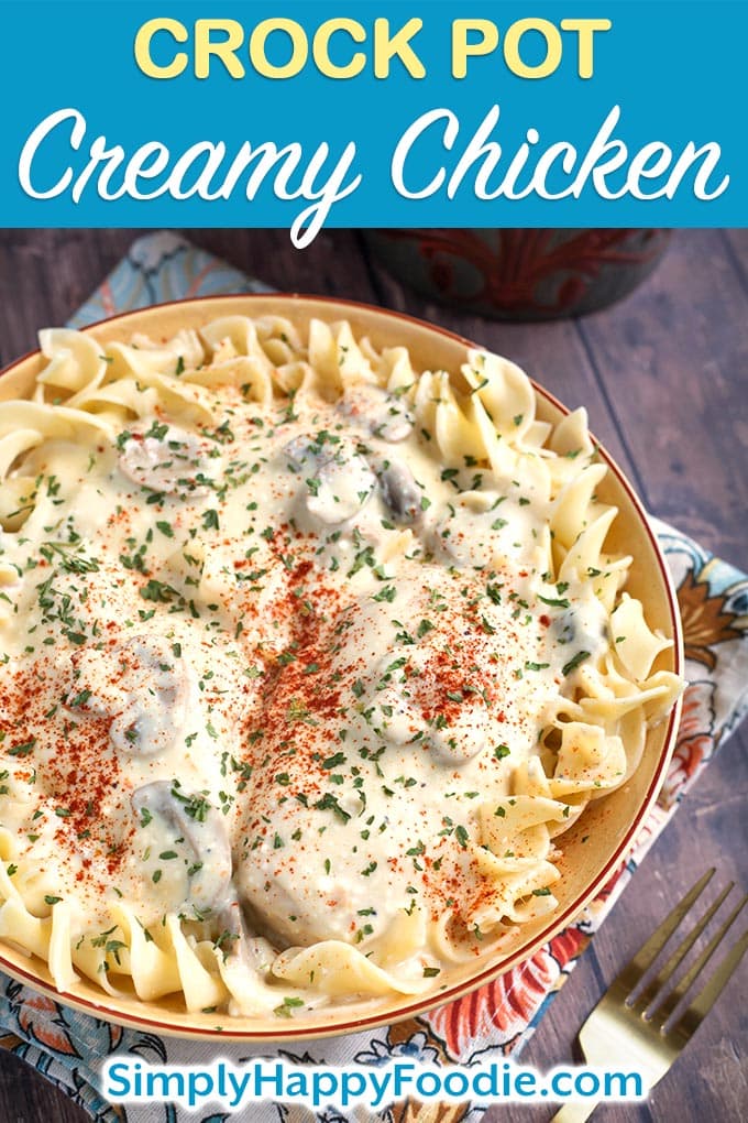 Crock Pot Creamy Chicken Breasts are the most delicious chicken breasts we have had from the slow cooker! So simple to make, and they don't take as long to cook as some other slow cooker recipes. Give this slow cooker creamy chicken breasts recipe a try. It's delicious! Slow cooker chicken breasts recipe by simplyhappyfoodie.com #slowcookerchickenbreasts #crockpotchickenbreasts